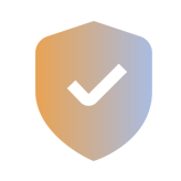 A shield icon with a gradient color from orange to blue and a white check mark in the center, symbolizing security or verification.