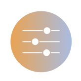 A circular icon with a gradient background from orange to blue, featuring three horizontal sliders with round handles at different positions, symbolizing adjustable settings or controls.