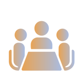 Three stylized human figures sit around a rectangular table, depicted with gradient orange and blue tones, suggesting a meeting or group discussion.