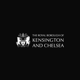 White crest with two lions, crown, and shield above the text The Royal Borough of Kensington and Chelsea on a black background.
