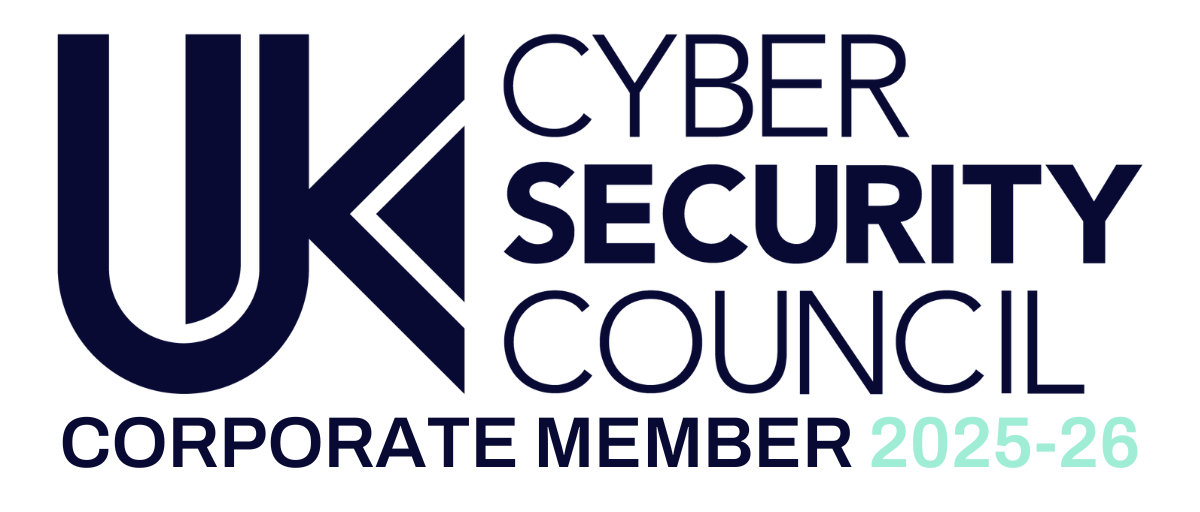 Logo for the UK Cyber Security Council with the words Corporate Member 2025-26 beneath it. The text is bold and modern, with 2025-26 highlighted in light green.