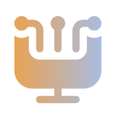 Abstract logo resembling a microphone with three prongs, featuring a gradient color scheme transitioning from orange on the left to grayish-blue on the right, set against a white background.