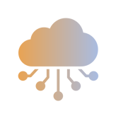 A gradient-colored cloud icon with four lines extending downward, each ending in a circle, symbolizing cloud computing and network connections.