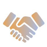 Gradient-colored icon of two hands shaking, symbolizing partnership or agreement, with a smooth blend of orange and blue hues on a white background.