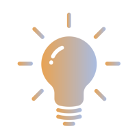 A simple illustration of a light bulb with rays emanating from it, symbolizing an idea or inspiration. The bulb is shaded with a gradient of light orange and blue tones on a white background.