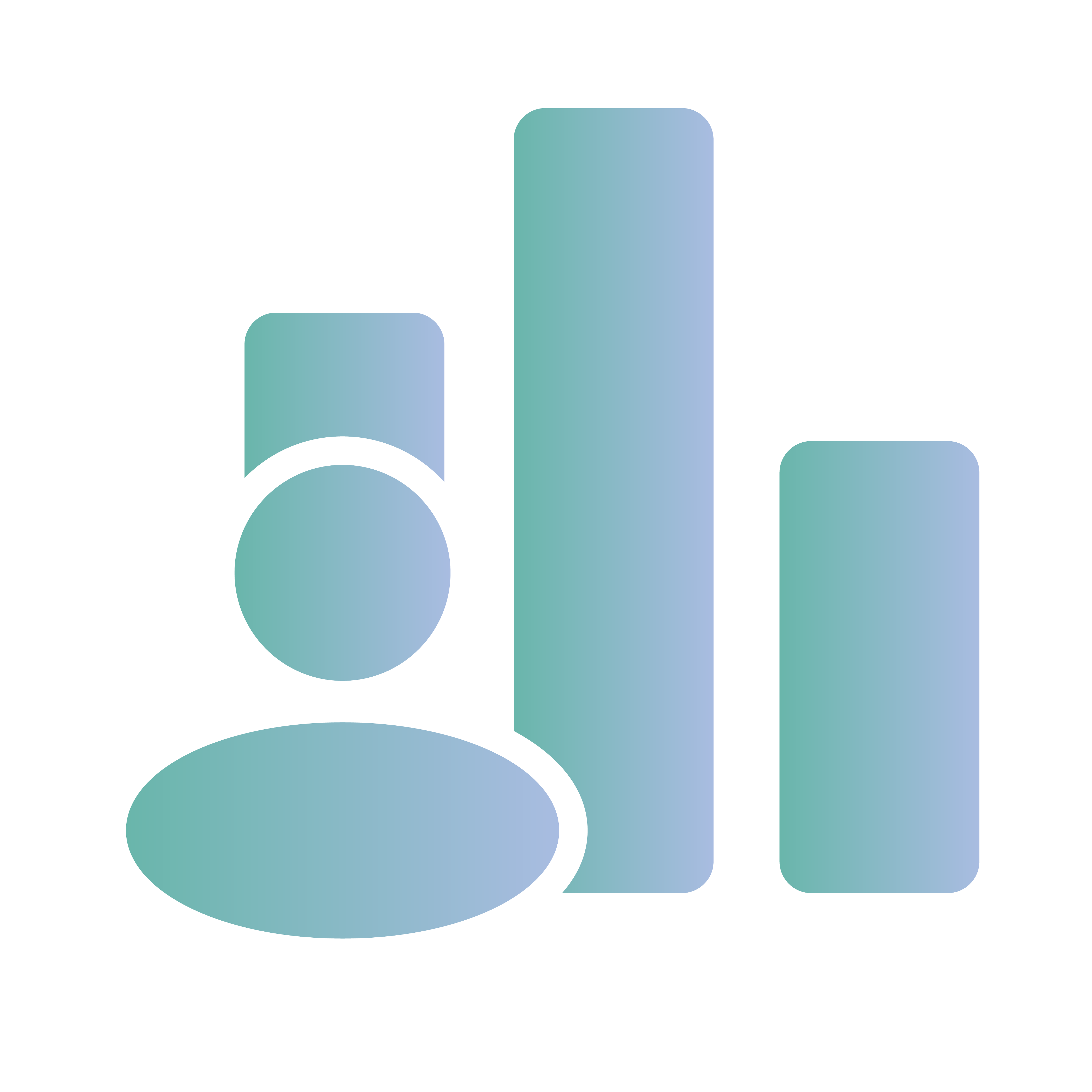 Abstract icon with a person symbol in front of three vertical bar graphs of varying heights, all shaded in a blue-green gradient on a white background.