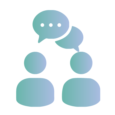 Two simple human icons facing each other with speech bubbles above their heads, representing a conversation or communication between two people.