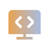 A computer monitor icon with a code symbol (angle brackets with a slash) in the center. The image uses a gradient of orange to blue from left to right on a white background.