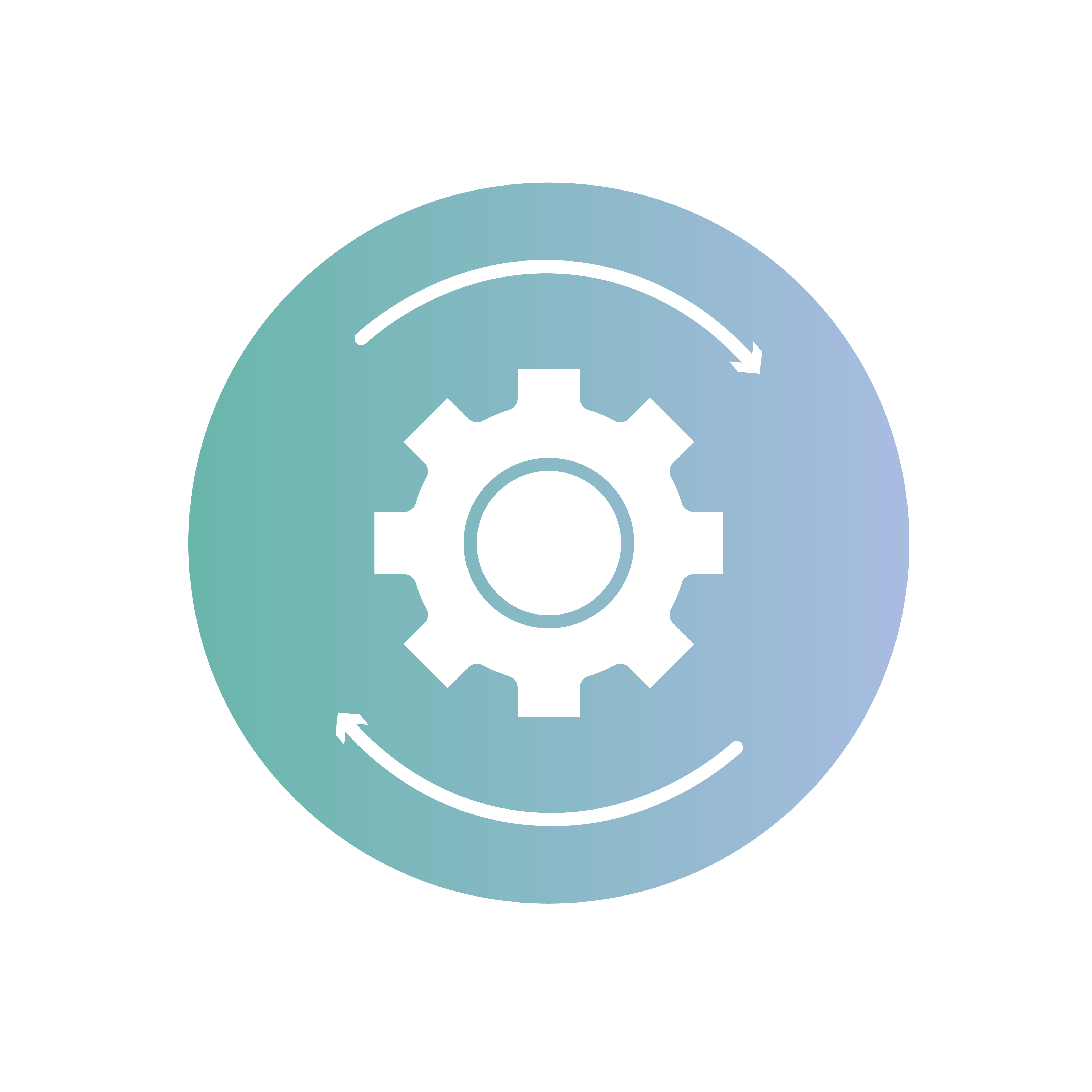 A white gear icon with two curved arrows forming a circle around it, set against a blue-green gradient circular background. The design suggests the concept of process, workflow, or system automation.