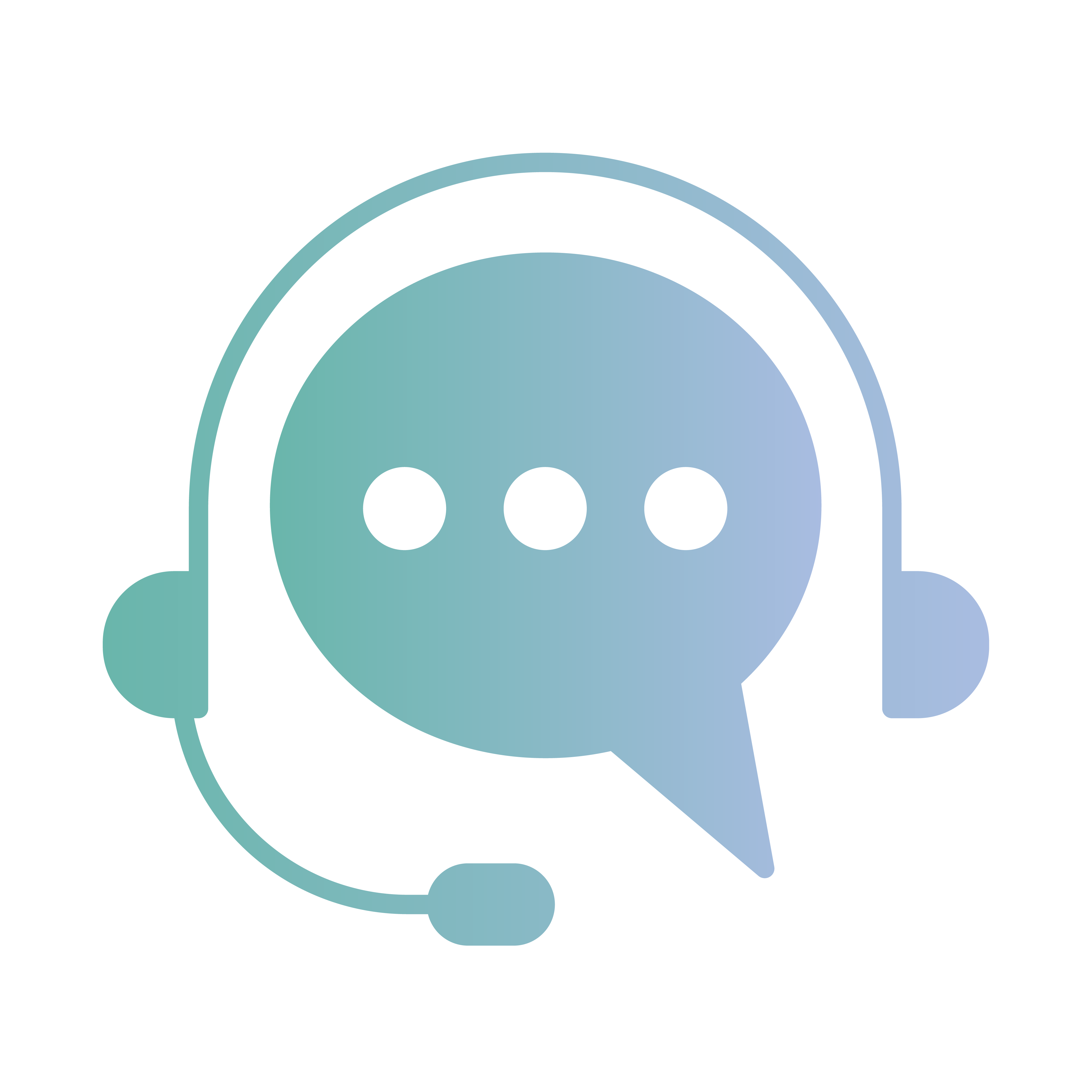 A gradient blue and green icon of a headset with a microphone surrounding a speech bubble containing three dots, symbolizing customer support or online communication.