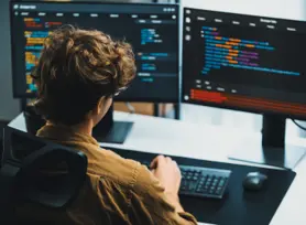 Tech professional working at a desktop computer.